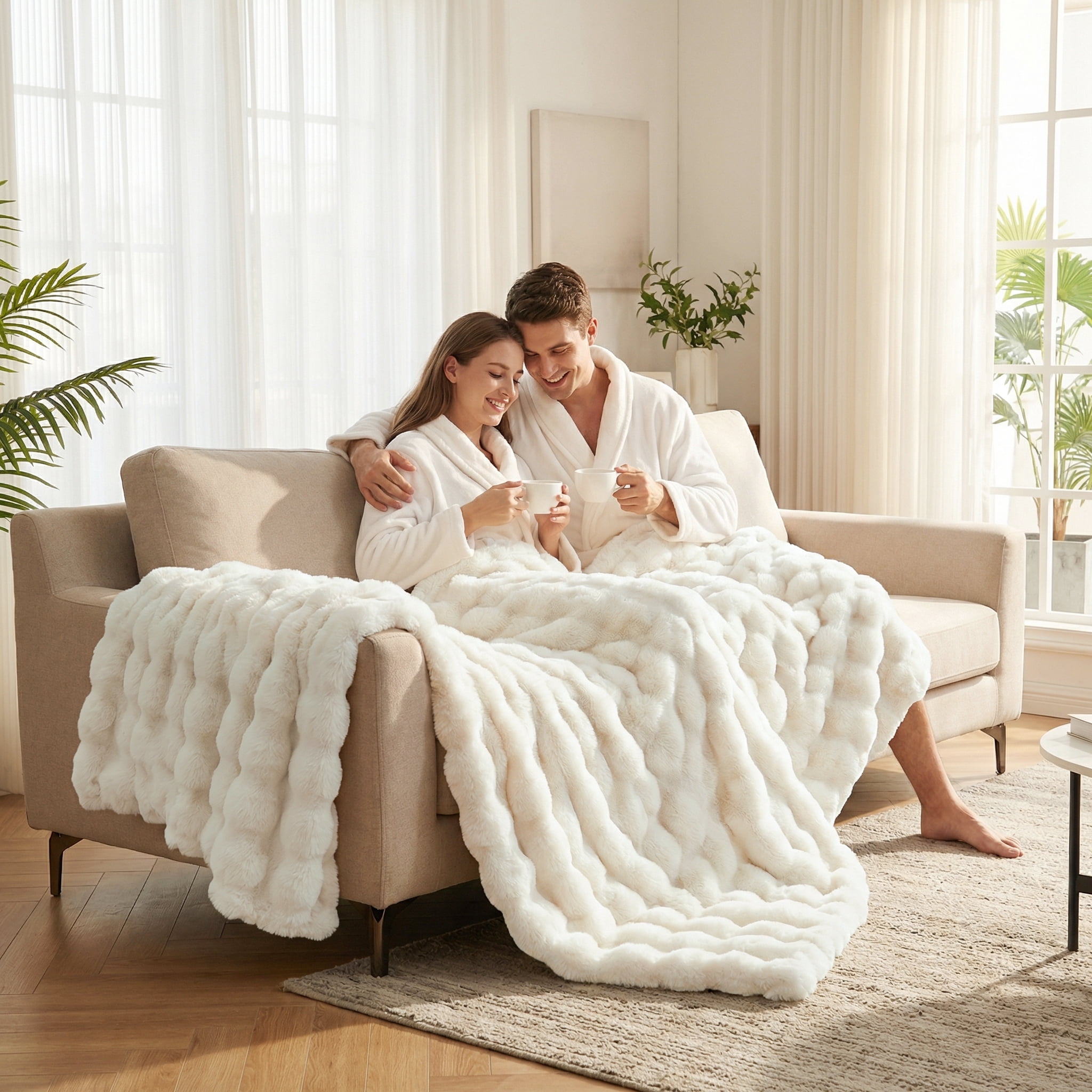 JONIYEAR Extra Large Soft Fuzzy Bubble Faux Rabbit Fur Bed Blanket Full Size 70" x 80", Decorative Big Thick Warm Fluffy Blanket for Winter, Luxury Cute Cozy Shaggy Comfy Furry Blankets, Cream White - Image 2