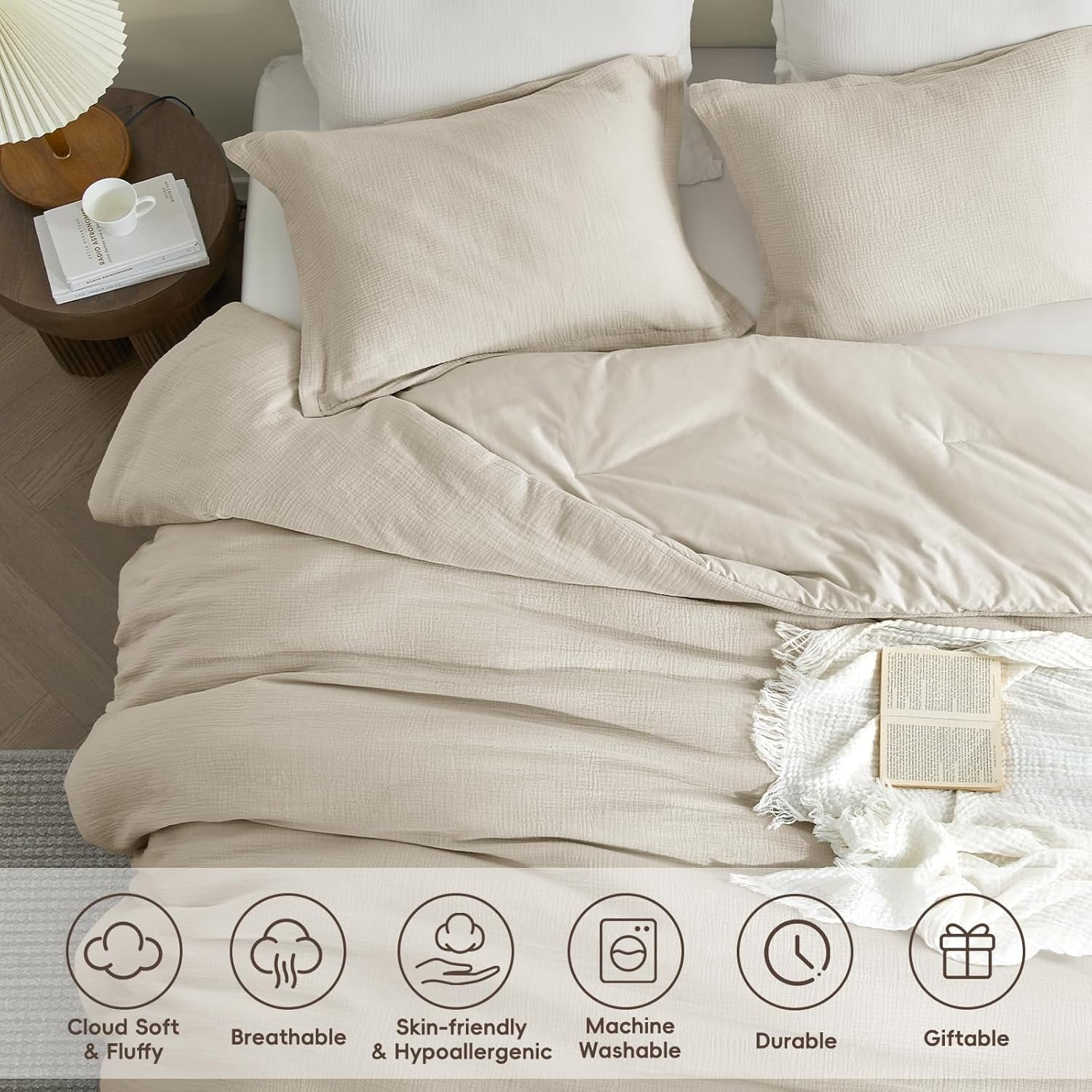 PHF Cotton Muslin Comforter Set Queen Size, Ultra Soft Breathable & Lightweight Bedding Set for All Seasons, 1 Comfy Comforter 90"x90", 2 Pillow Shams 20"x26", Natural - Image 3