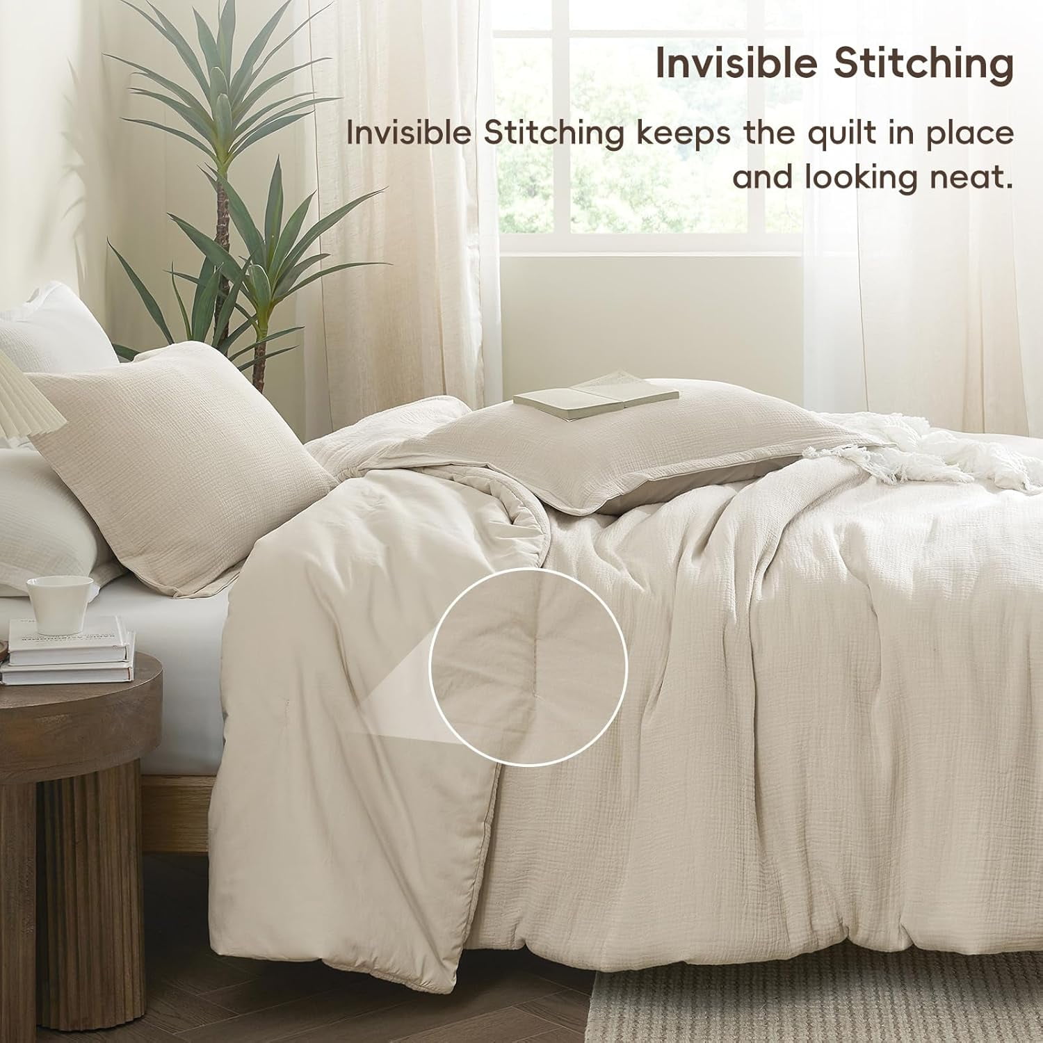 PHF Cotton Muslin Comforter Set Queen Size, Ultra Soft Breathable & Lightweight Bedding Set for All Seasons, 1 Comfy Comforter 90"x90", 2 Pillow Shams 20"x26", Natural - Image 6