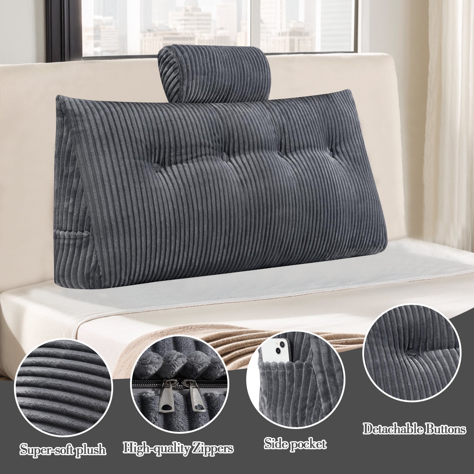 SHANNA Headboard Wedge Pillow, Triangular Headboard Pillow Bed Rest Reading Backrest Back Support Bolster Pillow for Sitting in Bed,Gray, Twin Size - Image 9
