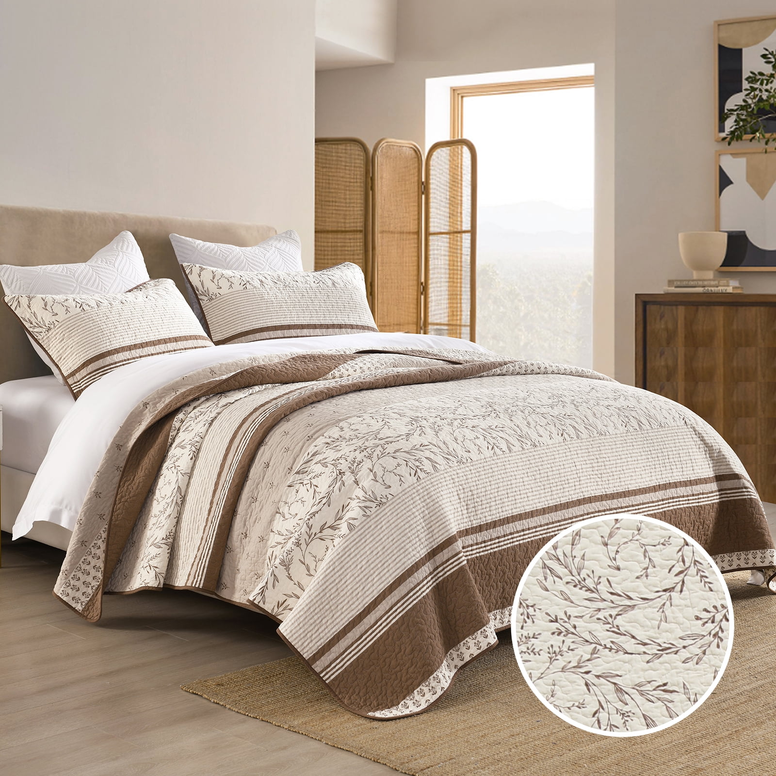 Bedduvit Striped Framhouse Queen Size Quilt - 100% Cotton Retro Rufous/Brown Queen Quilted Bedspread, Lightweight Botanical Floral Print Bedspreads, Summer Vintage Decor Coverlet for Queen Bed, 98x90 - Image 8