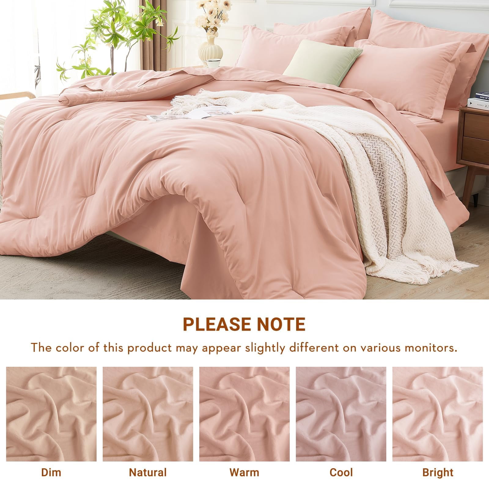 7 Pieces King Comforter Set Soft Bed In A Bag Size All Season Bedding With Flat Sheet Fitted Pillowcases & Shams Rose - Image 3