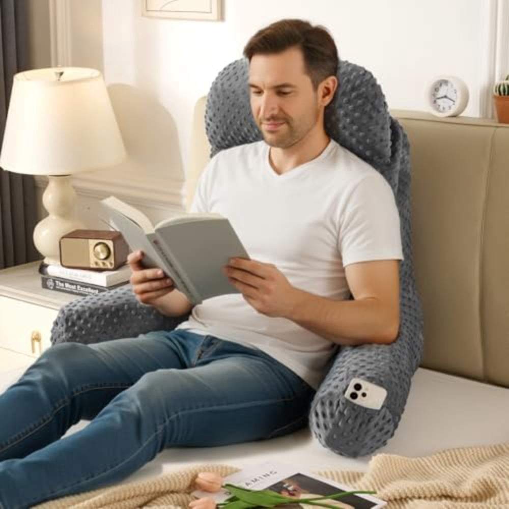 Reading Pillow for Sitting in Bed Couch Adult Back Pillow for Bed Sitting Up Back-Rest Support Cushion with Pockets and Arms Watching TV Relaxing Reading Dark Grey - Image 3