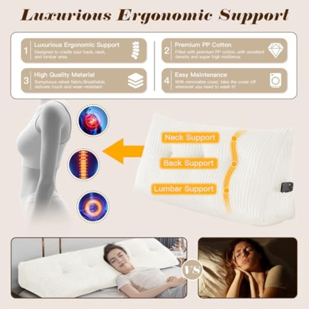 Large Triangular Headboard Wedge Bed Rest Reading Pillow Backrest Positioning Support Bolster Cushions with Removable Cover Light White Queen Size: 59x8x20 Inches - Image 6