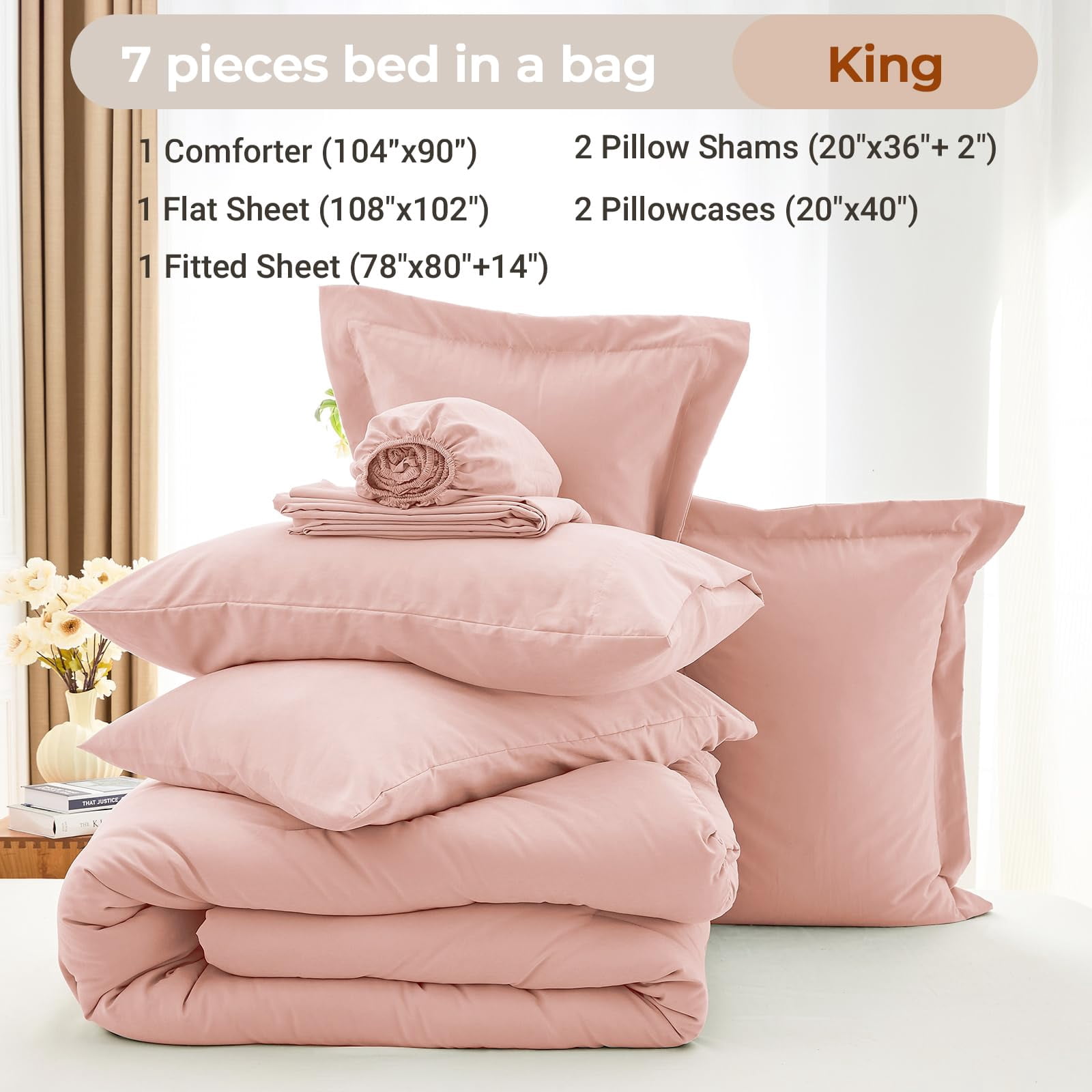 7 Pieces King Comforter Set Soft Bed In A Bag Size All Season Bedding With Flat Sheet Fitted Pillowcases & Shams Rose - Image 7