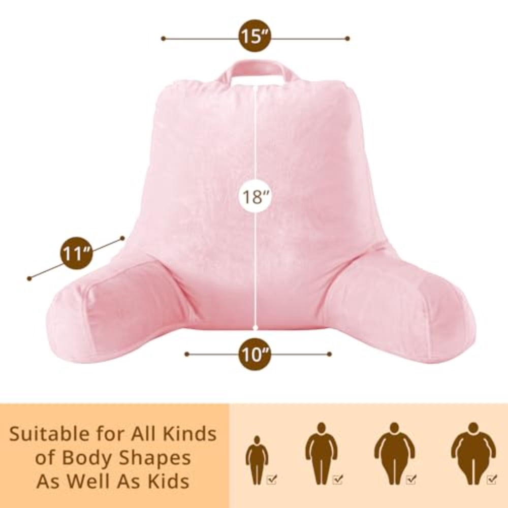 Reading Pillow Velvet Back Pillow for Bed Sitting Up Adult Back-Rest Support Cushion with Arms for Sit Up on Couch Sofa and Floor Dorm Essentials Reading Accessories Pink - Image 6