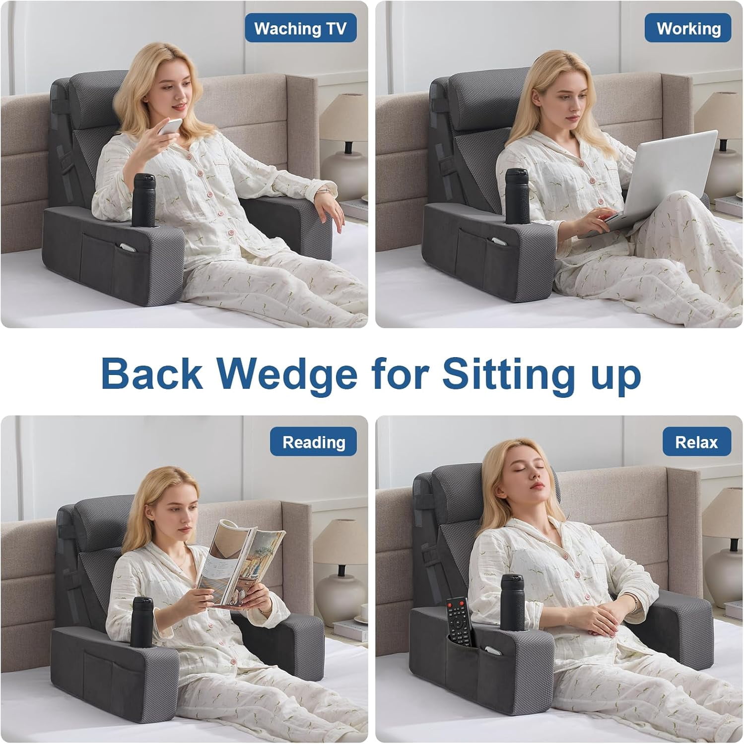 Reading Pillow for Sitting in Bed Adult, Back Pillow for Bed Sitting up with Arms, Pockets and Cup Holder, Sit Up Backrest Pillows for Beds Chair Support, Rest Pillow for Gaming - Image 16