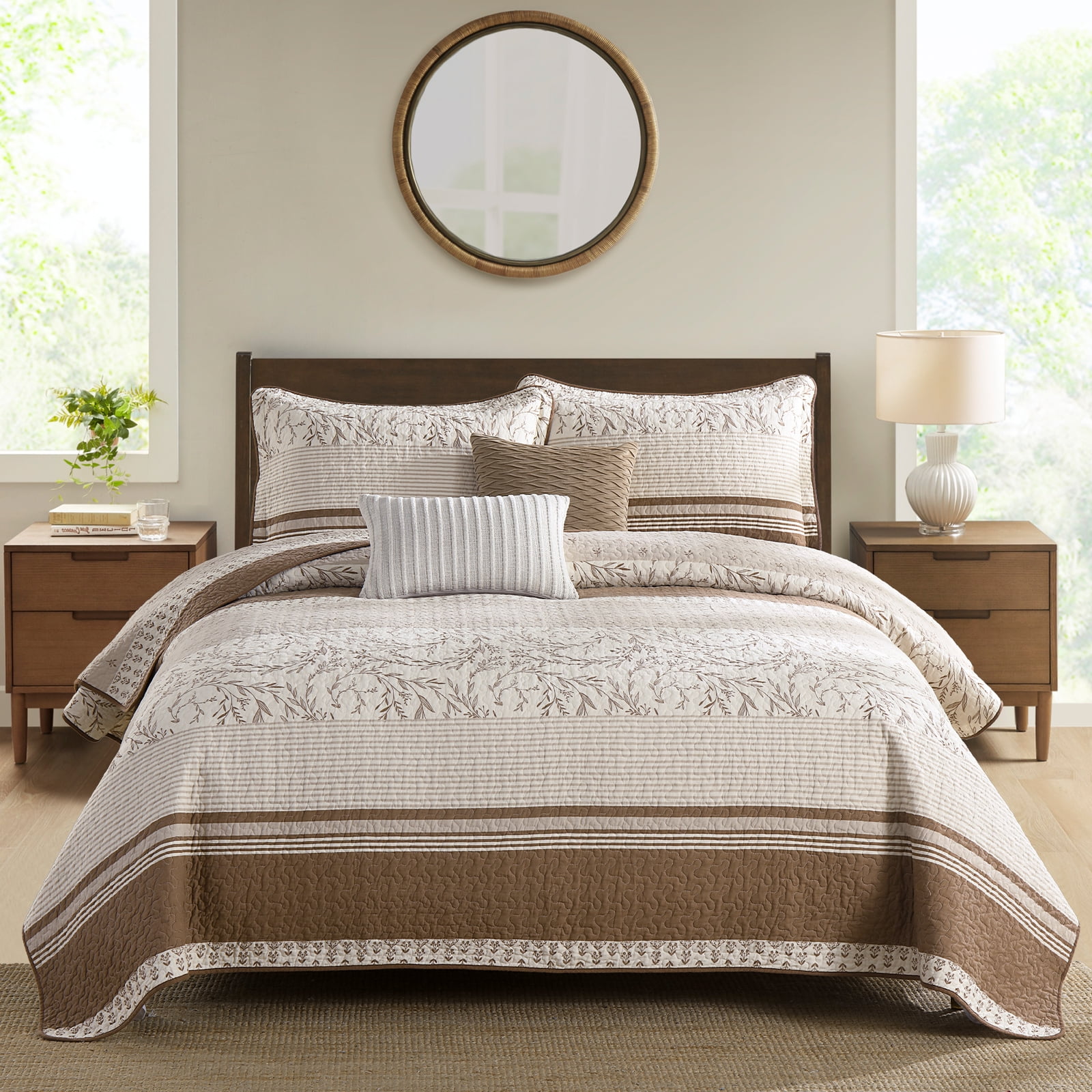 Bedduvit Striped Framhouse Queen Size Quilt - 100% Cotton Retro Rufous/Brown Queen Quilted Bedspread, Lightweight Botanical Floral Print Bedspreads, Summer Vintage Decor Coverlet for Queen Bed, 98x90 - Image 3