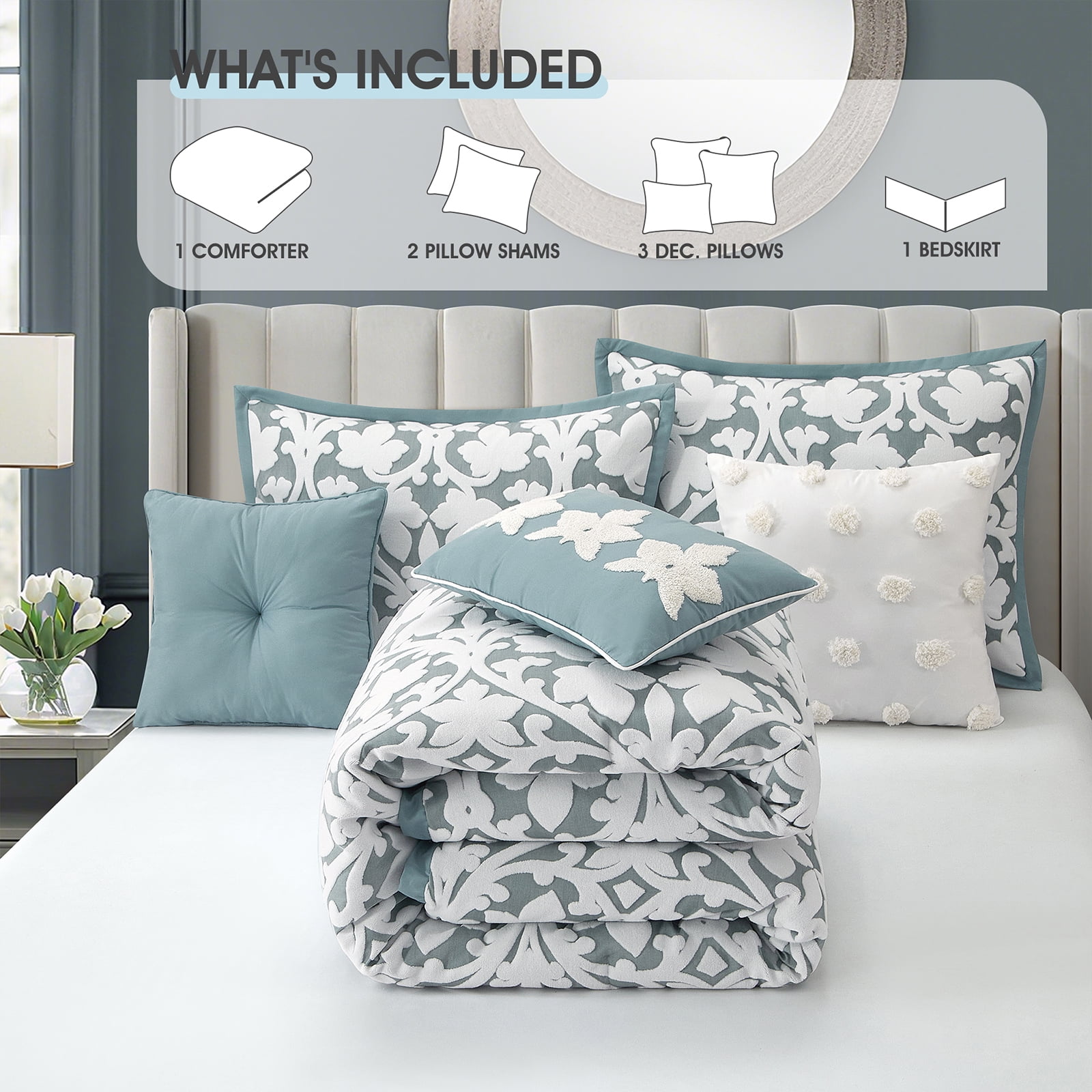 LANCO MODERN LIFESTYLE 7 Pieces Comforter Set, King, Blue, Jacquard Floral Pattern and Classy Damask Medallion Design, Ultra Soft, Includes Bed Skirt, Shams and Decorative Pillows - Image 2