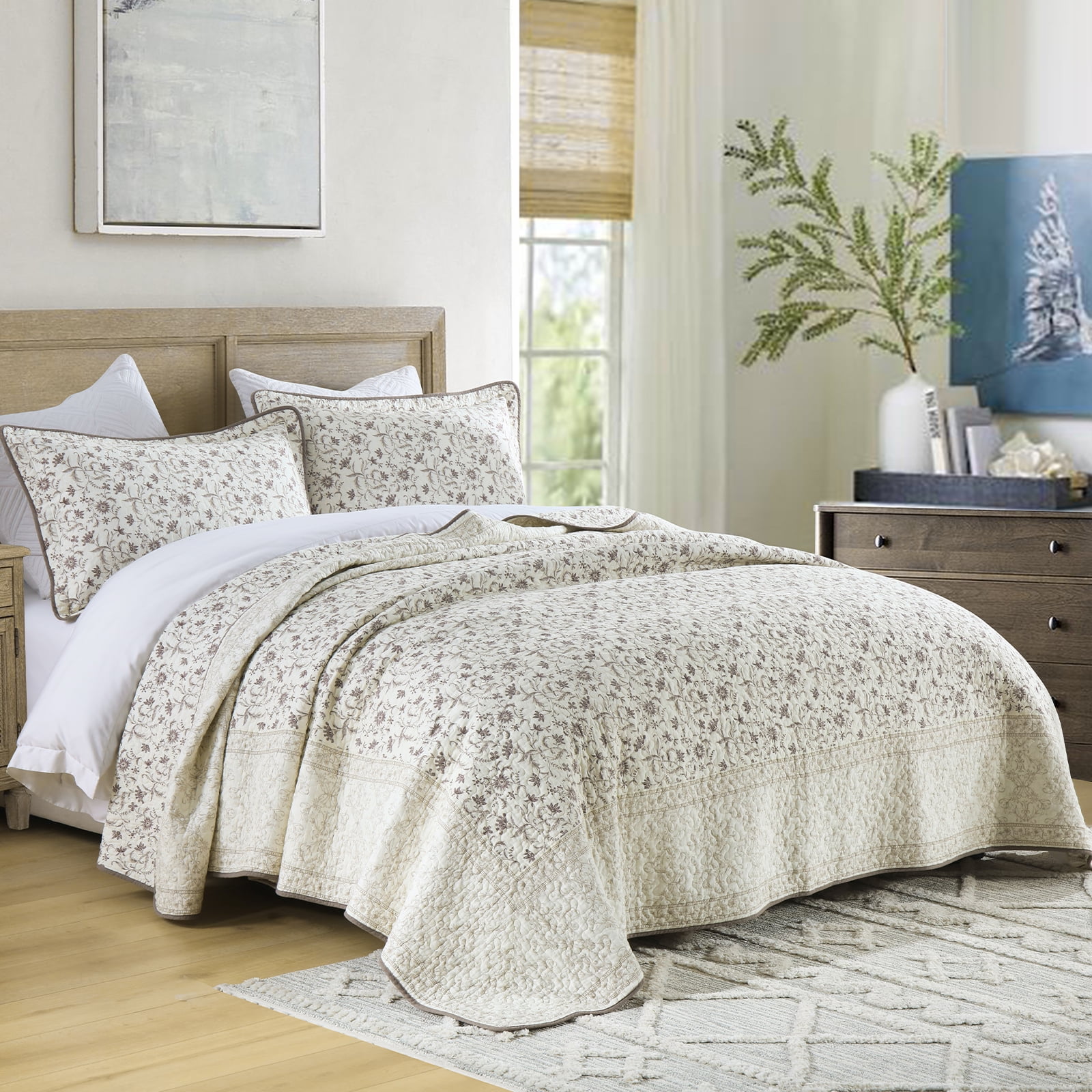 DDUOXIN Floral Beige Queen Size Quilts - 100% Cotton Queen Size Bedspread Quilt Set, Flower Quilted Bedspreads for Queen Bed, Lightweight Reversible Bedding Set for All-season, Purple/Beige Brown - Image 3