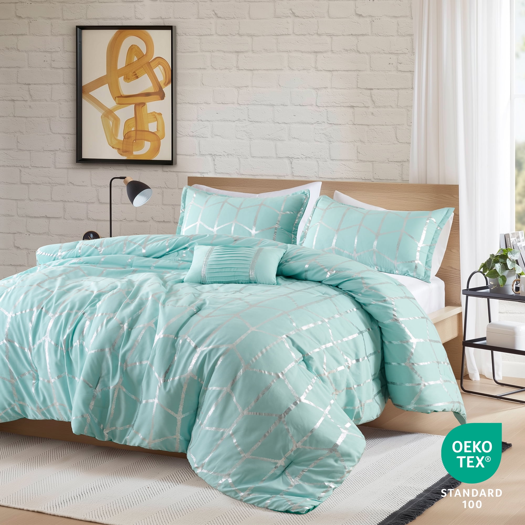 Regency Heights Full/Queen Size Comforter Set, 4-Piece Bedding Set for All Seasons, Geometric Metallic Comforter Bed Set with Decor Pillows,Aqua/Silver - Image 3
