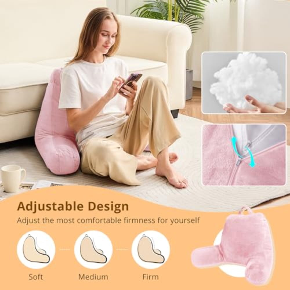 Reading Pillow Velvet Back Pillow for Bed Sitting Up Adult Back-Rest Support Cushion with Arms for Sit Up on Couch Sofa and Floor Dorm Essentials Reading Accessories Pink - Image 3