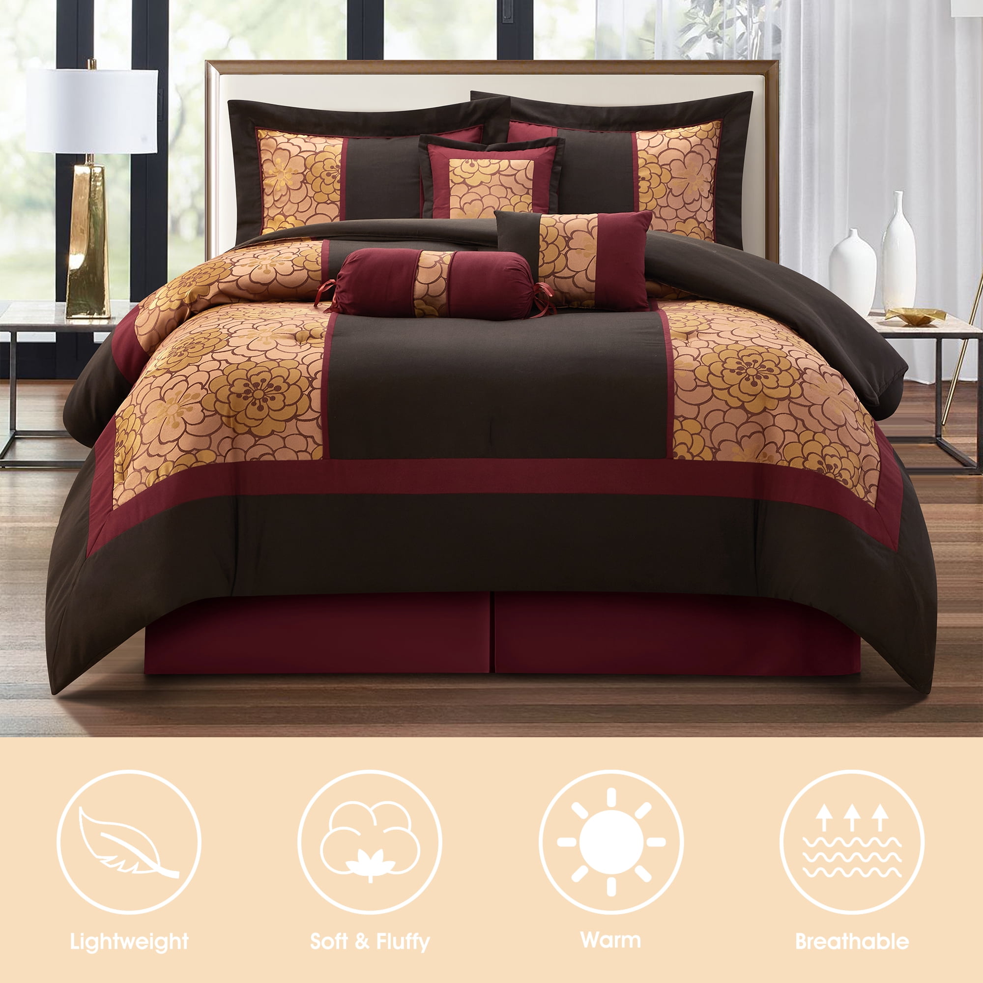 Lanco Nellie Floral 7-Piece Comforter Bedding Set,Classic, Bed Size Queen, Chocolate Brown, Fill Polyester, Floral - Image 6