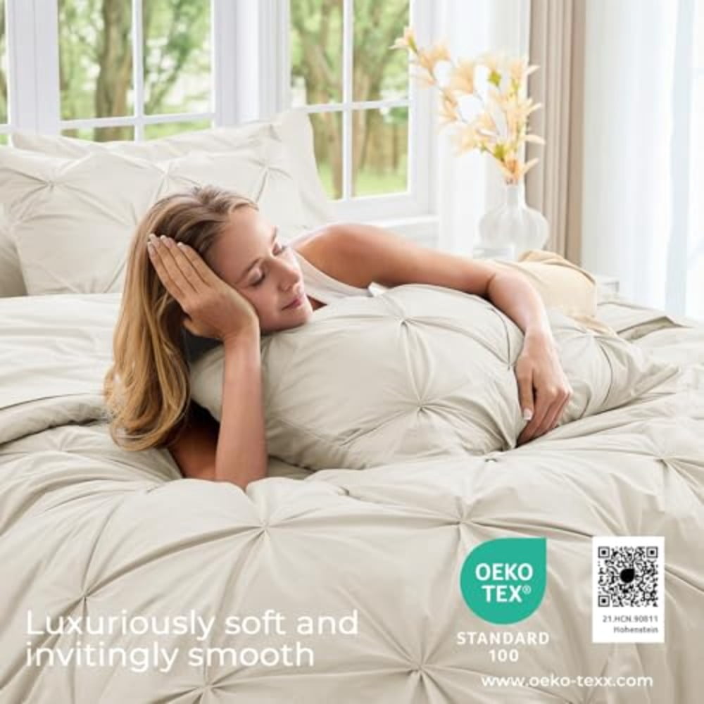 Queen Comforter Set 7-Piece Bed in a Bag Pintuck Bedding Sets for All Season Includes Comforter Flat Sheet Fitted Sheet Pillowcases and Pillowshams Beige - Image 2