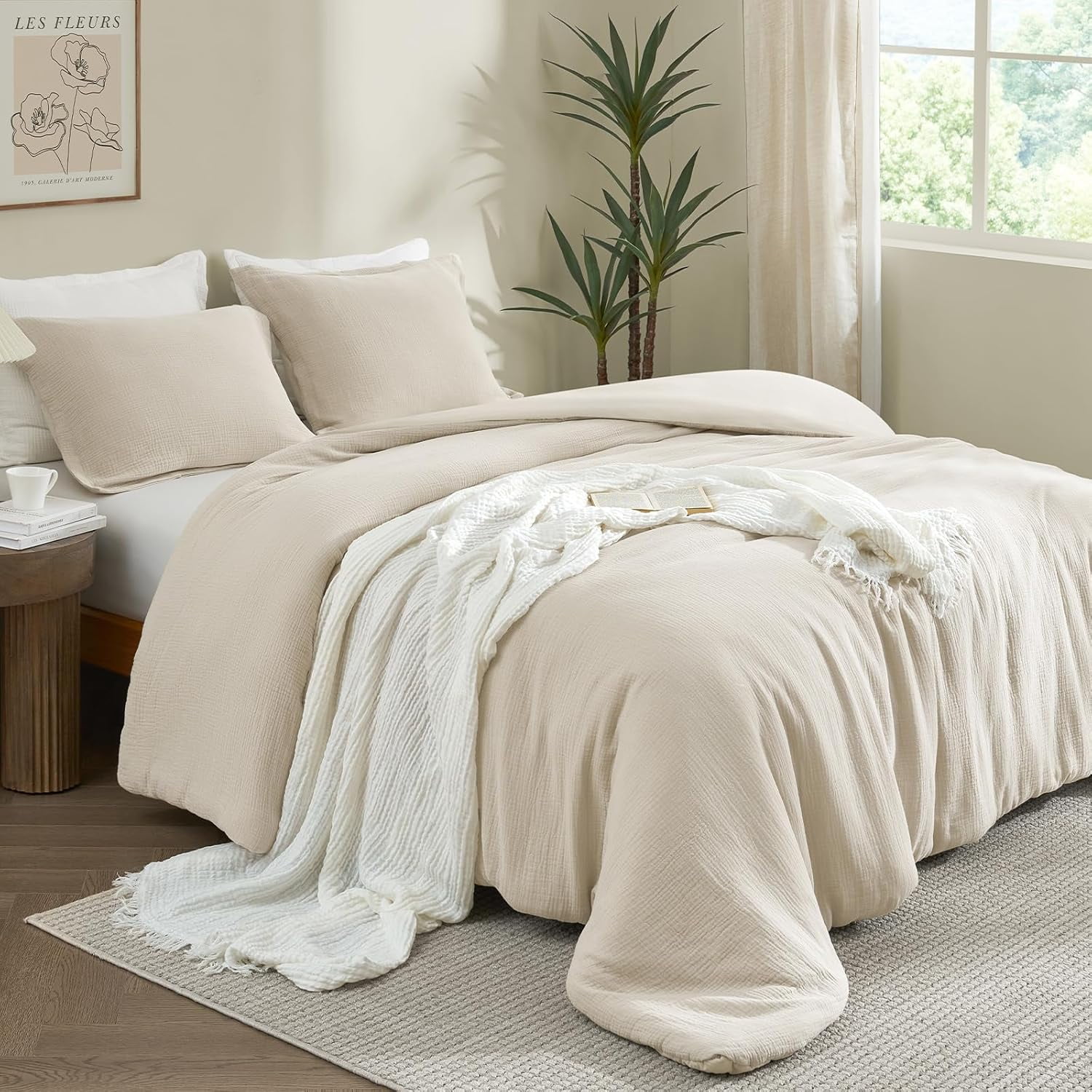 PHF Cotton Muslin Comforter Set Queen Size, Ultra Soft Breathable & Lightweight Bedding Set for All Seasons, 1 Comfy Comforter 90"x90", 2 Pillow Shams 20"x26", Natural - Image 4