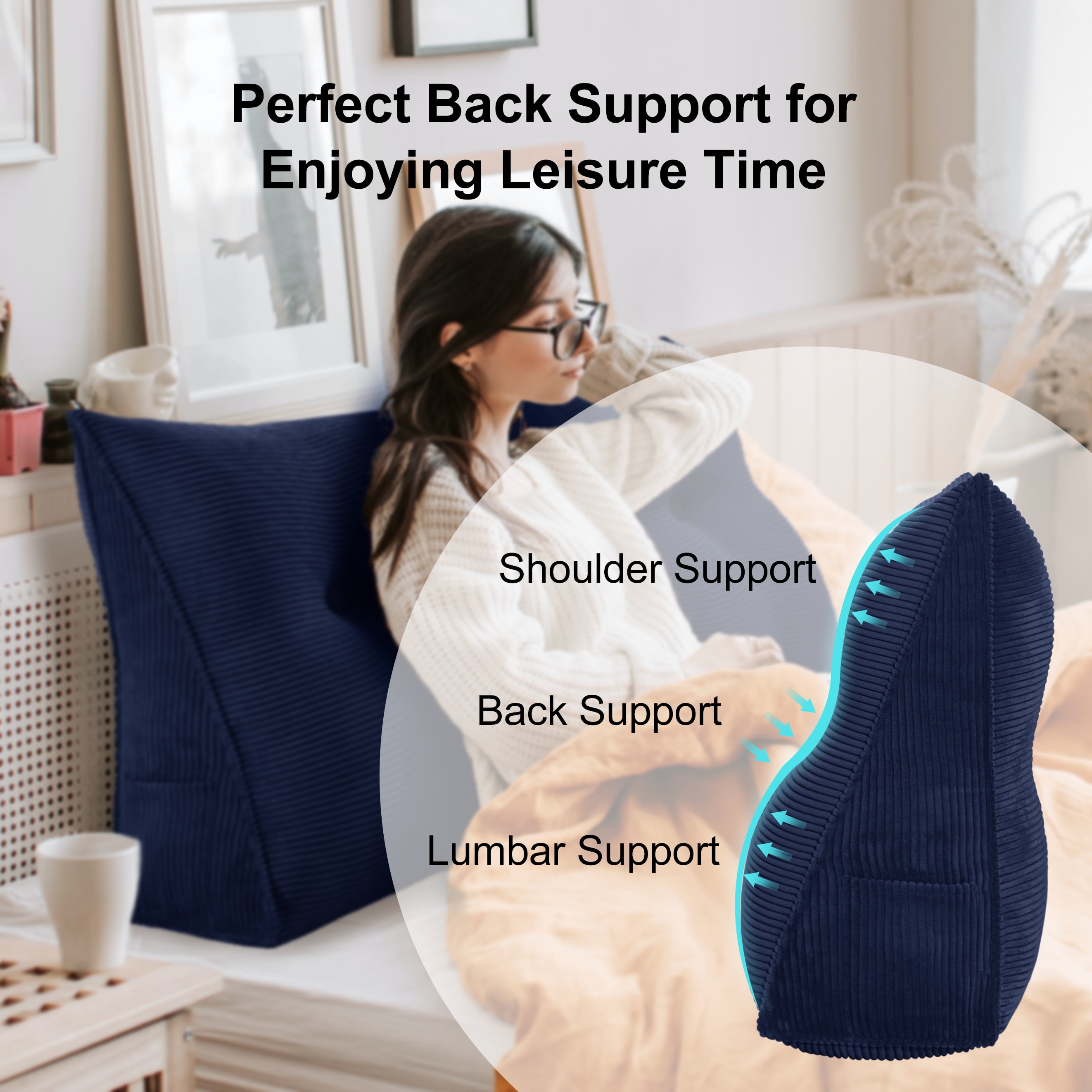WOWMAX Large Reading Pillow, Triangular Bed Wedge Pillows, Ergonomic Back Supprot Pillow for Sitting in Bed, Upholstered Headboard for Bed & Bed Rest With Removable Cover Corduroy Deep Blue 76Inches - Image 2