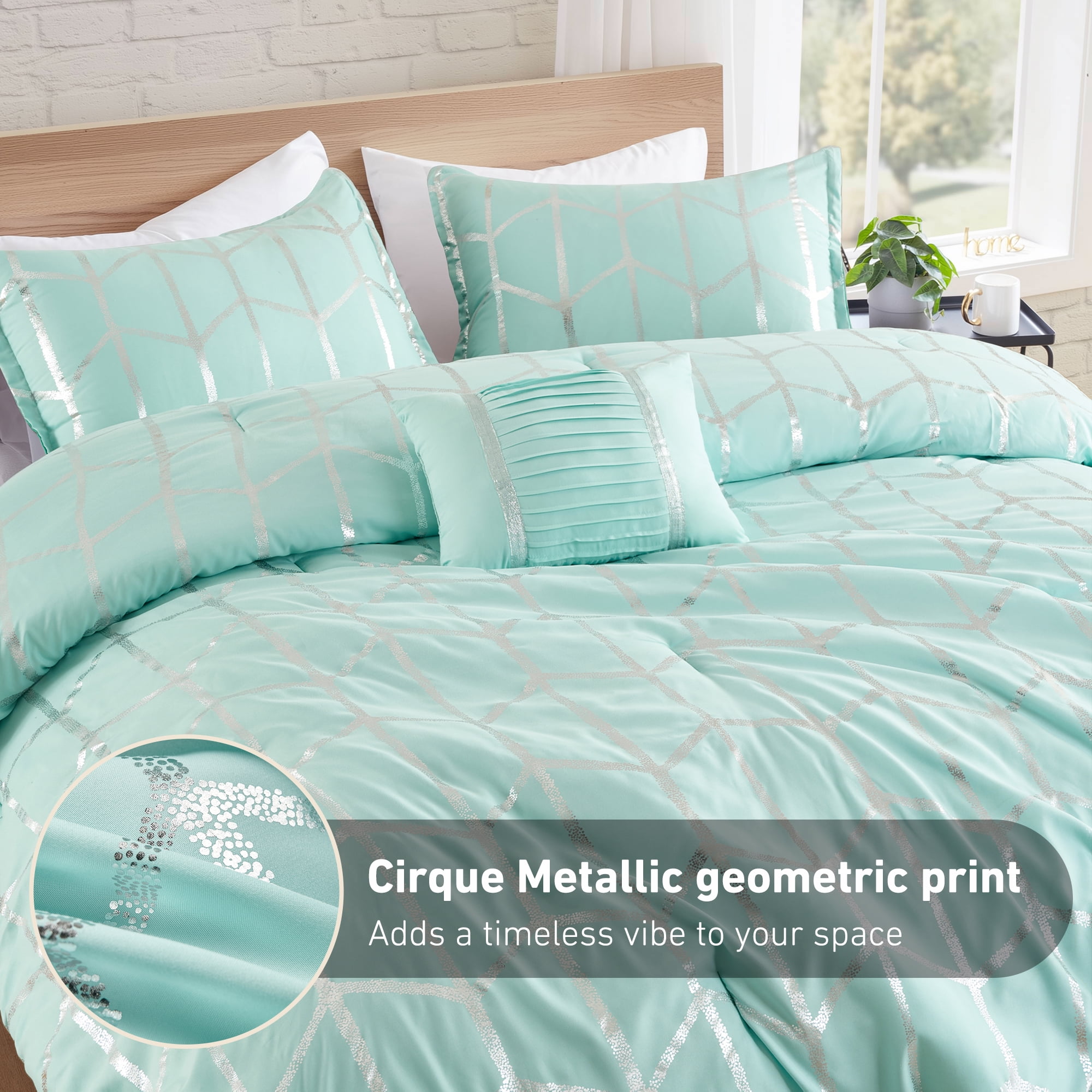 Regency Heights Full/Queen Size Comforter Set, 4-Piece Bedding Set for All Seasons, Geometric Metallic Comforter Bed Set with Decor Pillows,Aqua/Silver - Image 6