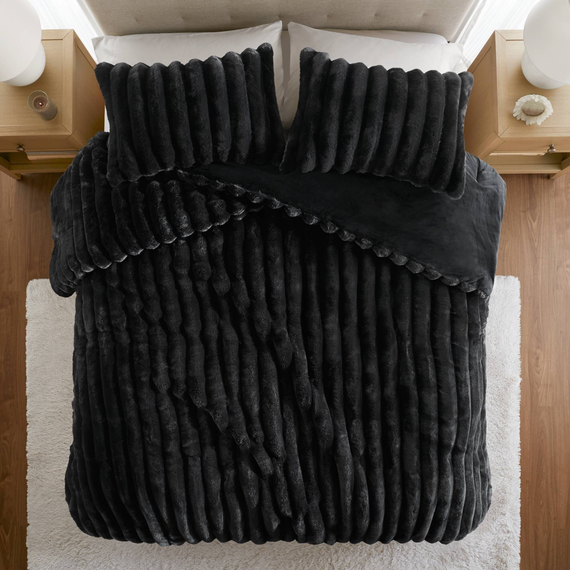 Regency Heights Full/Queen Size Comforter Sets, Black Fluffy Ribbed Plush Bedding Set, 3-Piece Faux Fur Ribbed Bedding Comforter Set - Image 5