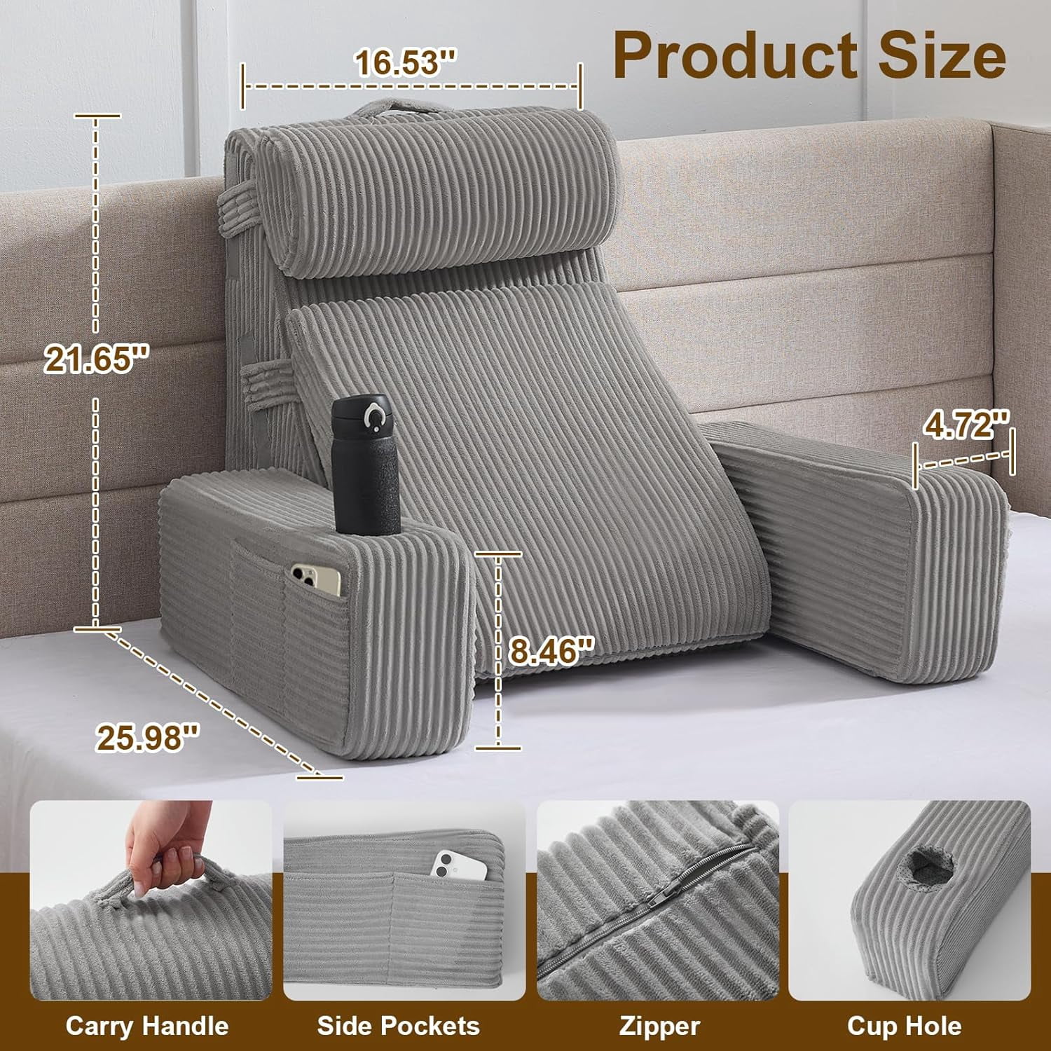 Reading Pillow for Sitting in Bed Adult, Back Pillow for Bed Sitting up with Arms, Pockets and Cup Holder, Sit Up Backrest Pillows for Beds Chair Support, Rest Pillow for Gaming - Image 7