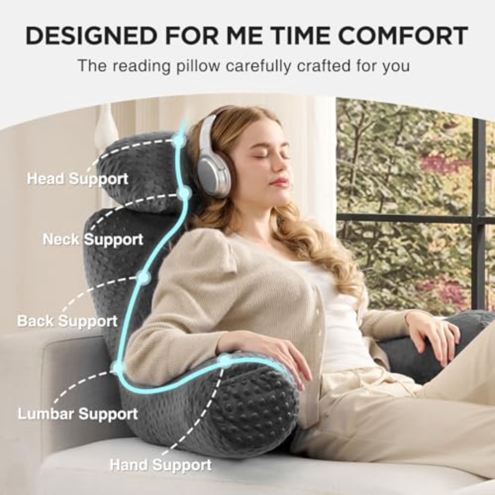 Reading Pillow for Sitting in Bed Couch Adult Back Pillow for Bed Sitting Up Back-Rest Support Cushion with Pockets and Arms Watching TV Relaxing Reading Dark Grey - Image 2