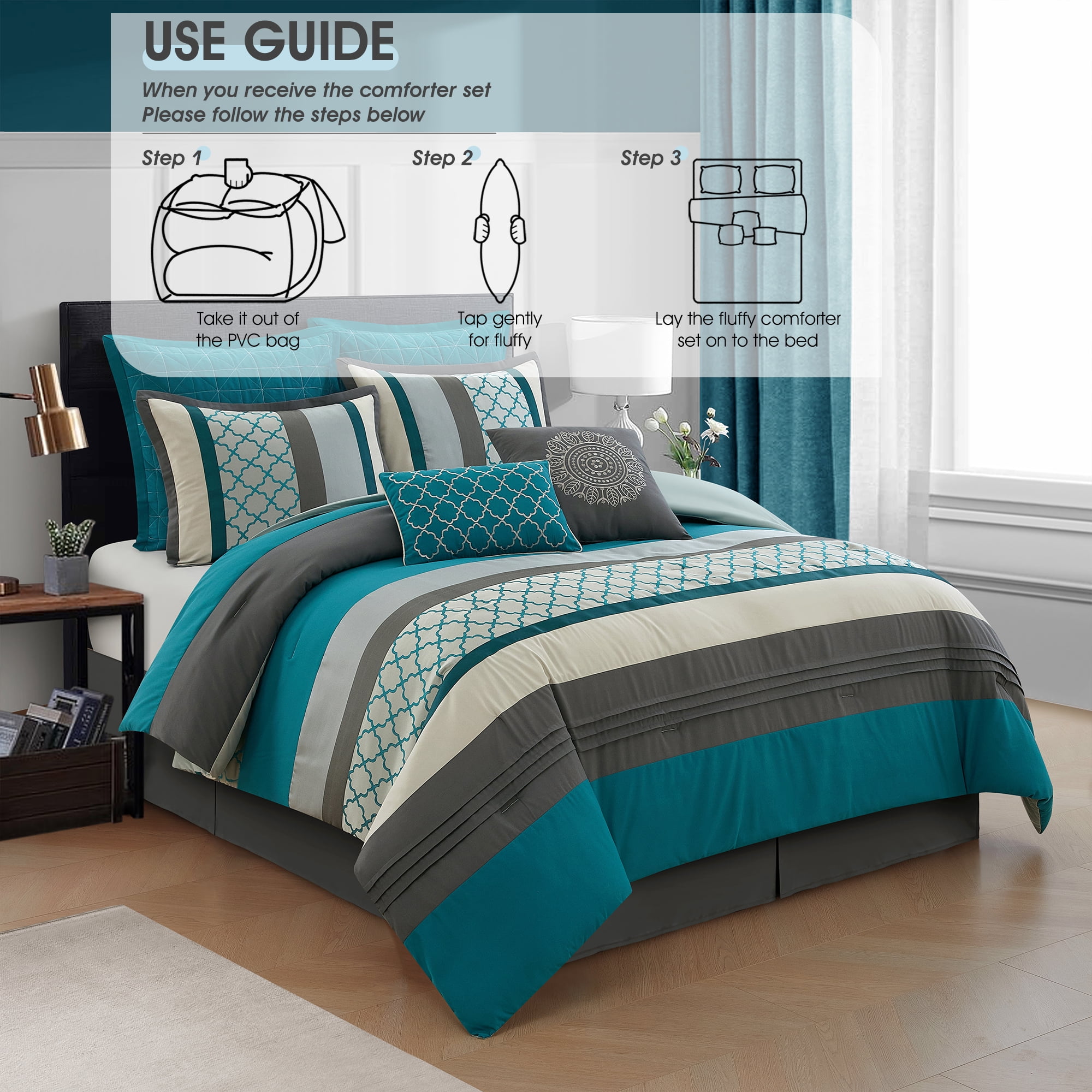 LANCO MODERN LIFESTYLE Queen Comforter Set, Grey Bedding Set, Jacquard Woven with Geometry, 16 Pieces Room in a Bag, Sheets, Bedskirt, Pillow Shams and Cases, Decor Pillows and Curtains - Image 8