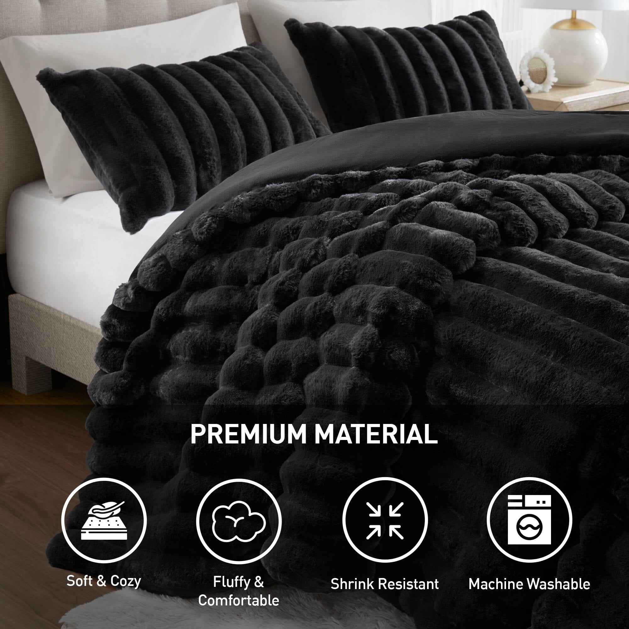 Regency Heights Full/Queen Size Comforter Sets, Black Fluffy Ribbed Plush Bedding Set, 3-Piece Faux Fur Ribbed Bedding Comforter Set - Image 8