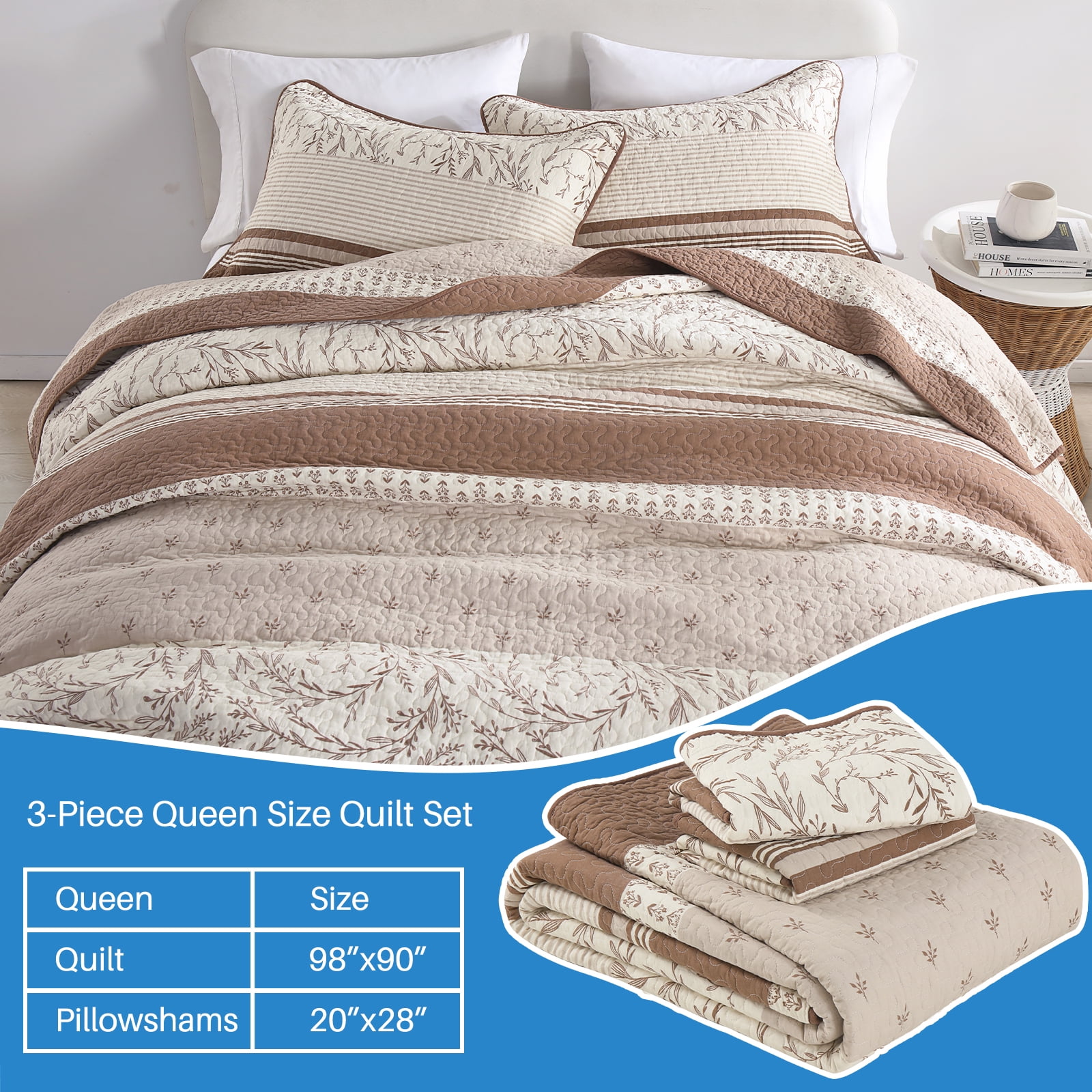 Bedduvit Striped Framhouse Queen Size Quilt - 100% Cotton Retro Rufous/Brown Queen Quilted Bedspread, Lightweight Botanical Floral Print Bedspreads, Summer Vintage Decor Coverlet for Queen Bed, 98x90 - Image 6