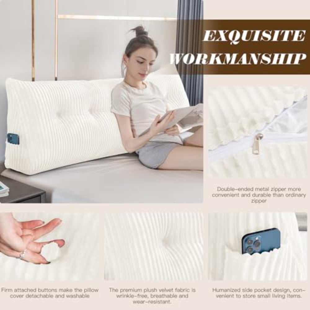 Large Triangular Headboard Wedge Bed Rest Reading Pillow Backrest Positioning Support Bolster Cushions with Removable Cover Light White Queen Size: 59x8x20 Inches - Image 8
