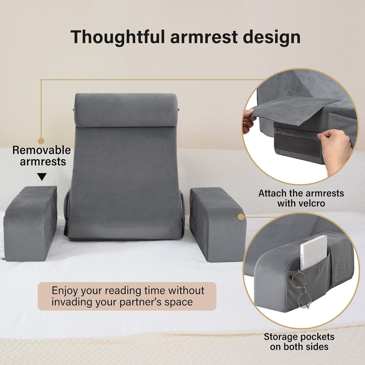 Back Pillow for Bed Sitting up, 19" Reading Pillow for Sitting in Bed Adult, Back Support Pillow with Arms for Watching TV/Reading/Gaming/Resting, Medium(Black) - Image 3