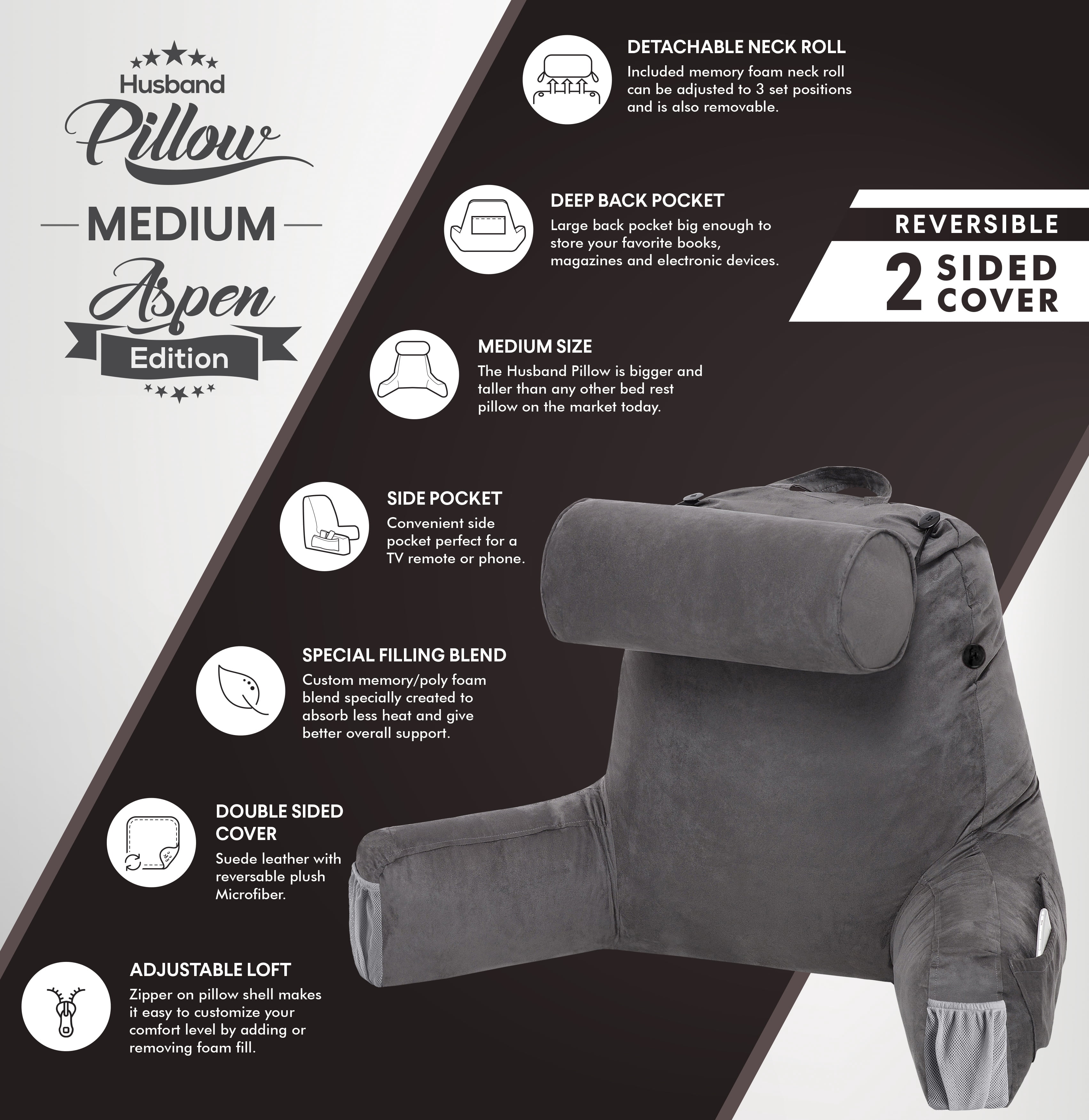 Husband Pillow Medium Aspen Edition Iron Grey, Sit Up Reading & Bed Rest with Arms, Ultra-Comfy, Detach Neck Roll - Premium Shredded Memory Foam Backrest, Reverses to Micro: Suede or Plush - Image 6