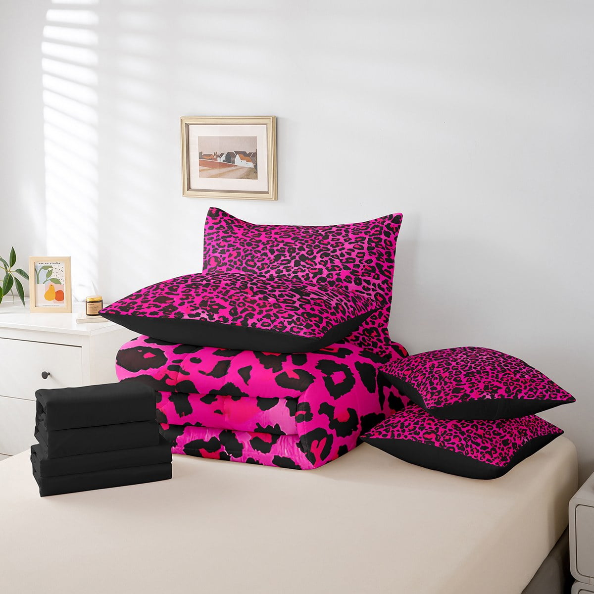 Manfei Leopard Print 7-Piece Bedding Comforter Set,Black Pink King Bedding Sets,Animal Print Ultra Soft Bed Sheets,Microfiber Abstract Bedroom Decoration,Reversible - Image 3
