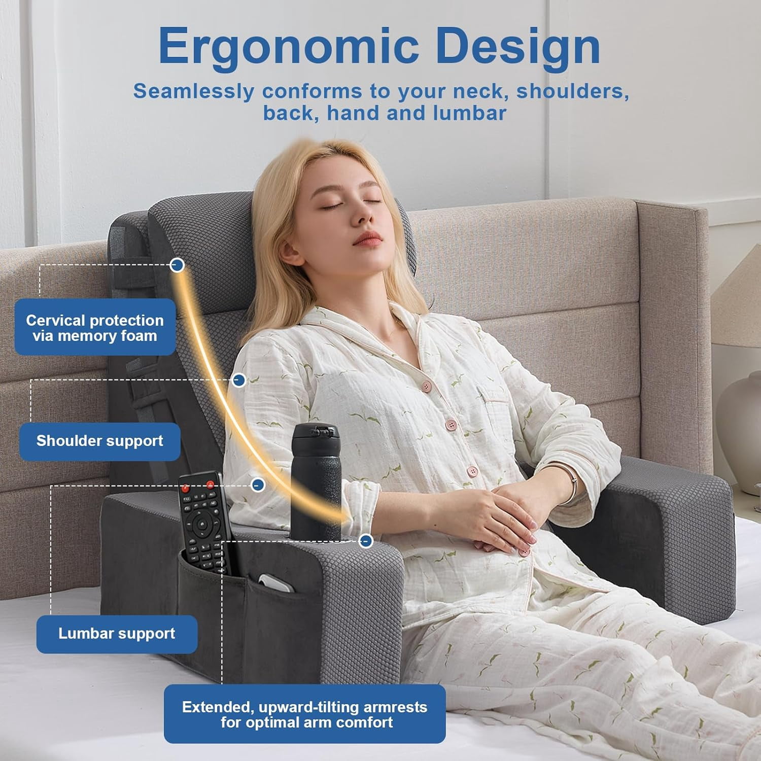 Reading Pillow for Sitting in Bed Adult, Back Pillow for Bed Sitting up with Arms, Pockets and Cup Holder, Sit Up Backrest Pillows for Beds Chair Support, Rest Pillow for Gaming - Image 2