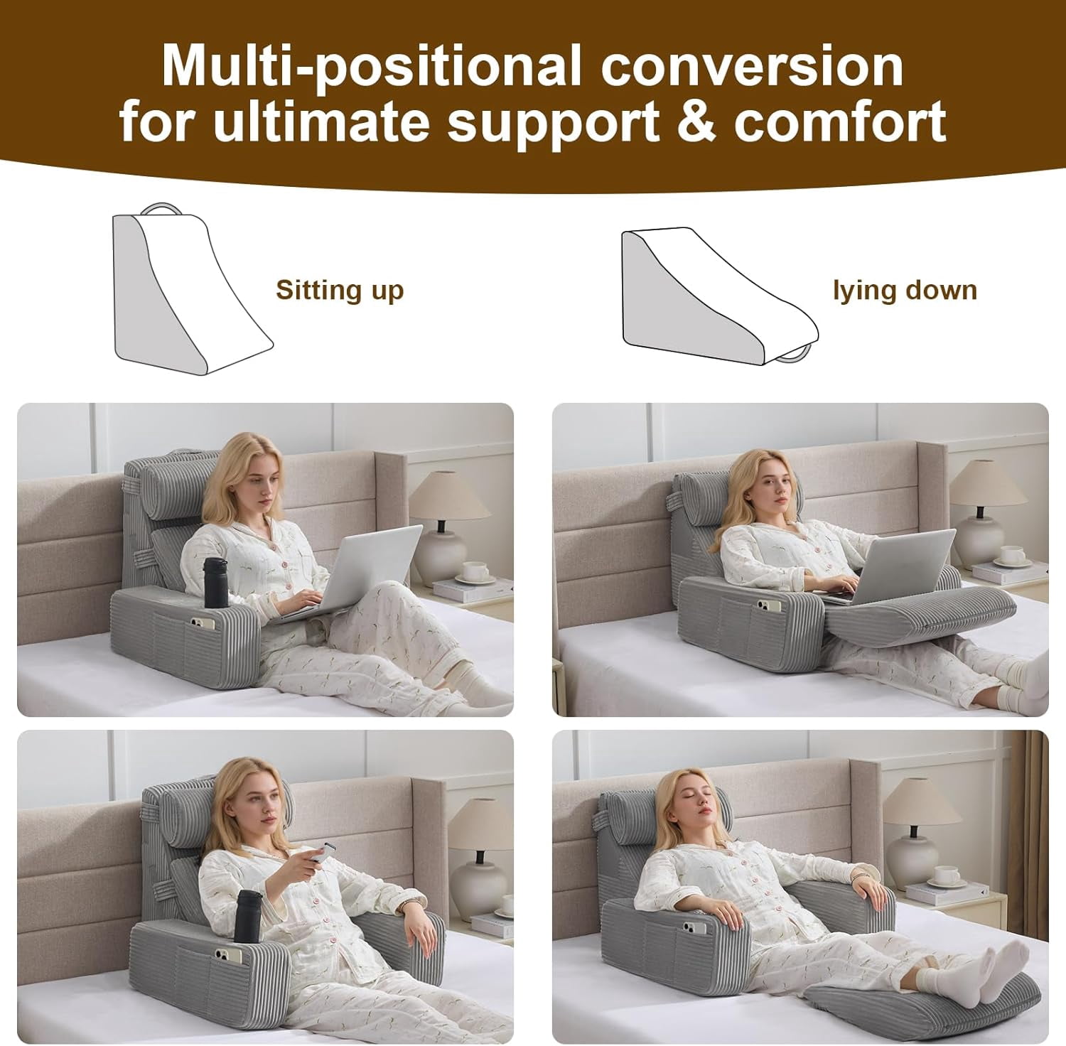 Reading Pillow for Sitting in Bed Adult, Back Pillow for Bed Sitting up with Arms, Pockets and Cup Holder, Sit Up Backrest Pillows for Beds Chair Support, Rest Pillow for Gaming - Image 12