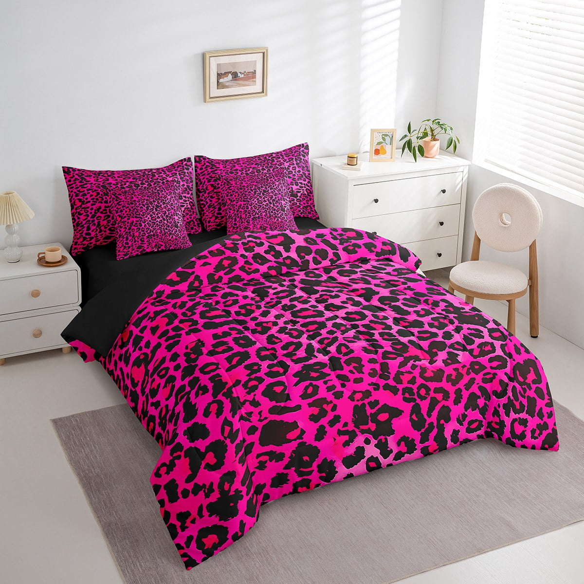 Manfei Leopard Print 7-Piece Bedding Comforter Set,Black Pink King Bedding Sets,Animal Print Ultra Soft Bed Sheets,Microfiber Abstract Bedroom Decoration,Reversible - Image 4