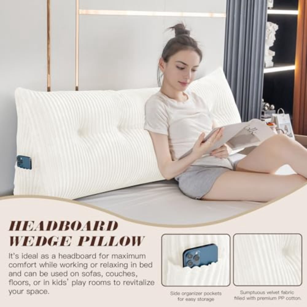 Large Triangular Headboard Wedge Bed Rest Reading Pillow Backrest Positioning Support Bolster Cushions with Removable Cover Light White Queen Size: 59x8x20 Inches - Image 7