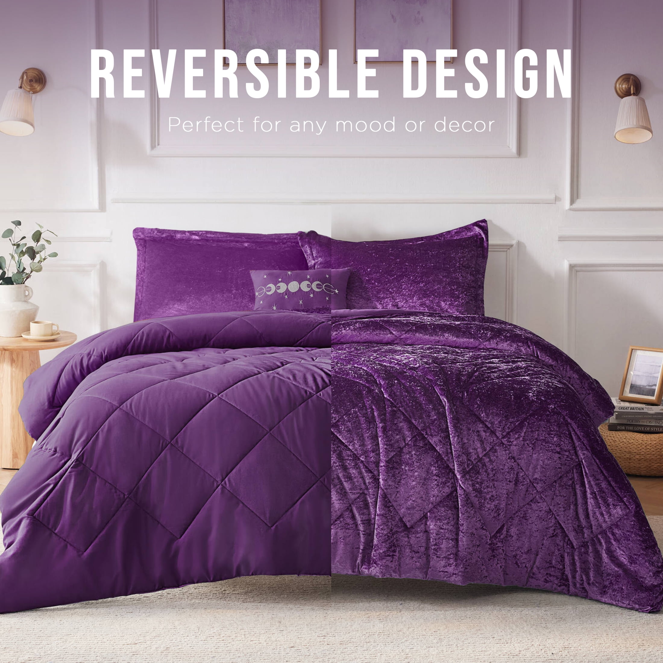 Regency Heights Full/Queen Size Comforter Sets, Velvet Bedding Comforter Set for All Seasons, Purple Bedding Set with Decor Pillow, 4-Piece - Image 2