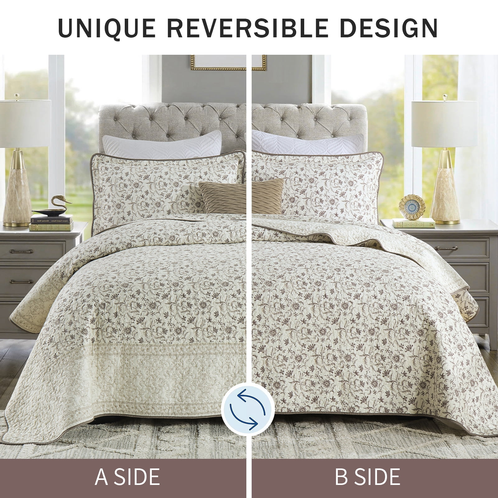 DDUOXIN Floral Beige Queen Size Quilts - 100% Cotton Queen Size Bedspread Quilt Set, Flower Quilted Bedspreads for Queen Bed, Lightweight Reversible Bedding Set for All-season, Purple/Beige Brown - Image 6
