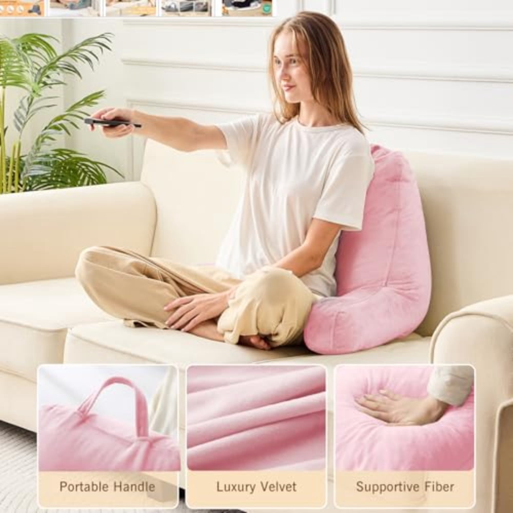 Reading Pillow Velvet Back Pillow for Bed Sitting Up Adult Back-Rest Support Cushion with Arms for Sit Up on Couch Sofa and Floor Dorm Essentials Reading Accessories Pink - Image 7