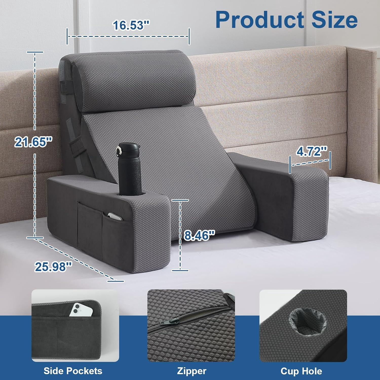 Reading Pillow for Sitting in Bed Adult, Back Pillow for Bed Sitting up with Arms, Pockets and Cup Holder, Sit Up Backrest Pillows for Beds Chair Support, Rest Pillow for Gaming - Image 4