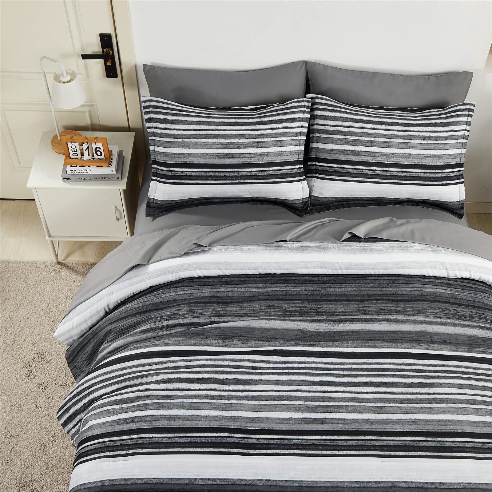 7 Piece Bed In A Bag Stripe Comforter Set Queen Size White Grey Black Patchwork Striped And Sheet All Season Soft Microfiber Complete Bedding Sets(grey Queen) - Image 3