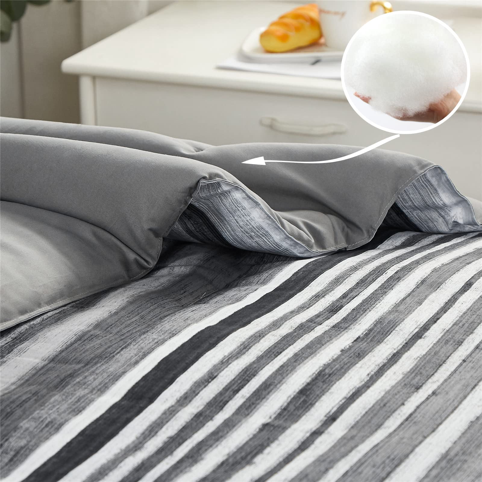 7 Piece Bed In A Bag Stripe Comforter Set Queen Size White Grey Black Patchwork Striped And Sheet All Season Soft Microfiber Complete Bedding Sets(grey Queen) - Image 4