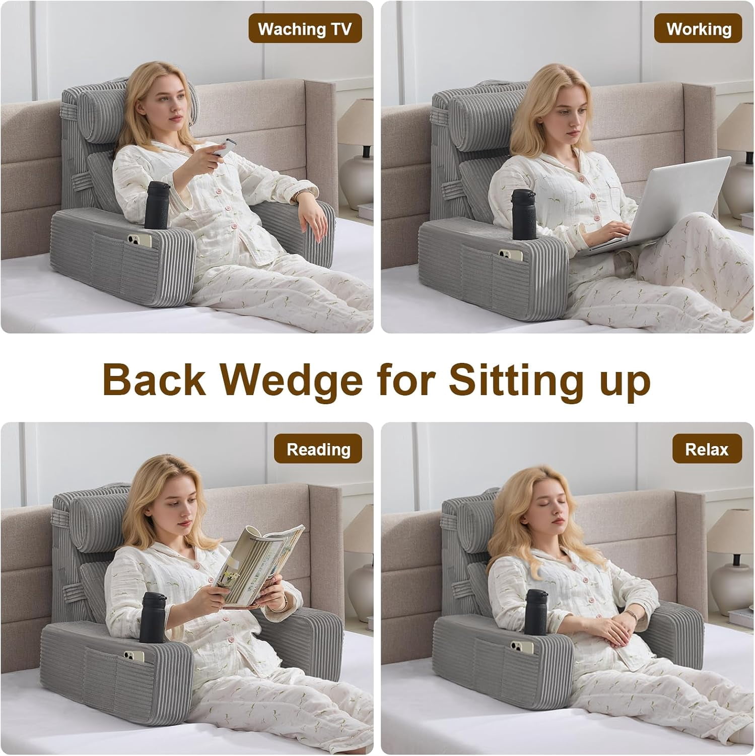 Reading Pillow for Sitting in Bed Adult, Back Pillow for Bed Sitting up with Arms, Pockets and Cup Holder, Sit Up Backrest Pillows for Beds Chair Support, Rest Pillow for Gaming - Image 11