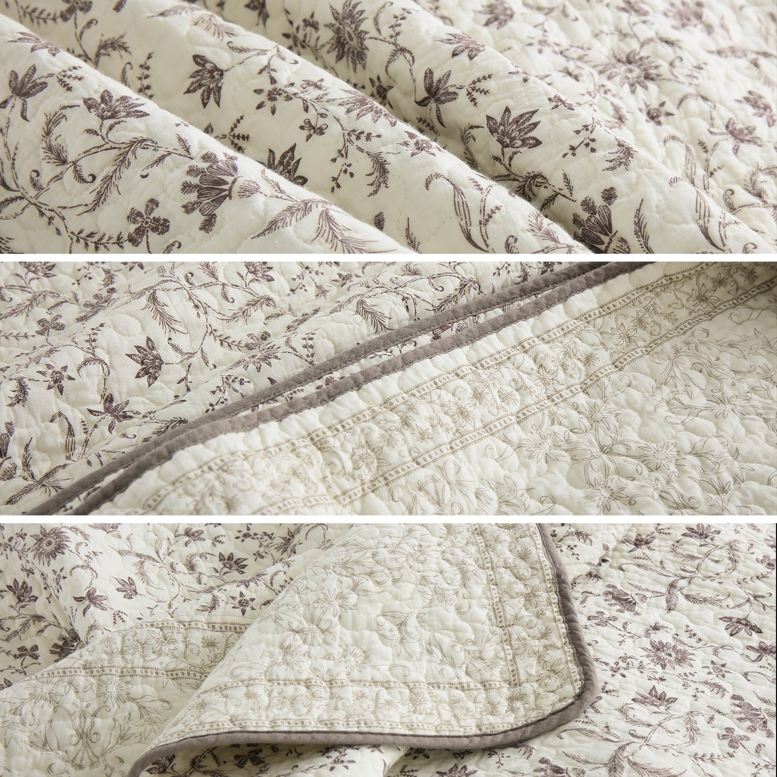DDUOXIN Floral Beige Queen Size Quilts - 100% Cotton Queen Size Bedspread Quilt Set, Flower Quilted Bedspreads for Queen Bed, Lightweight Reversible Bedding Set for All-season, Purple/Beige Brown - Image 14