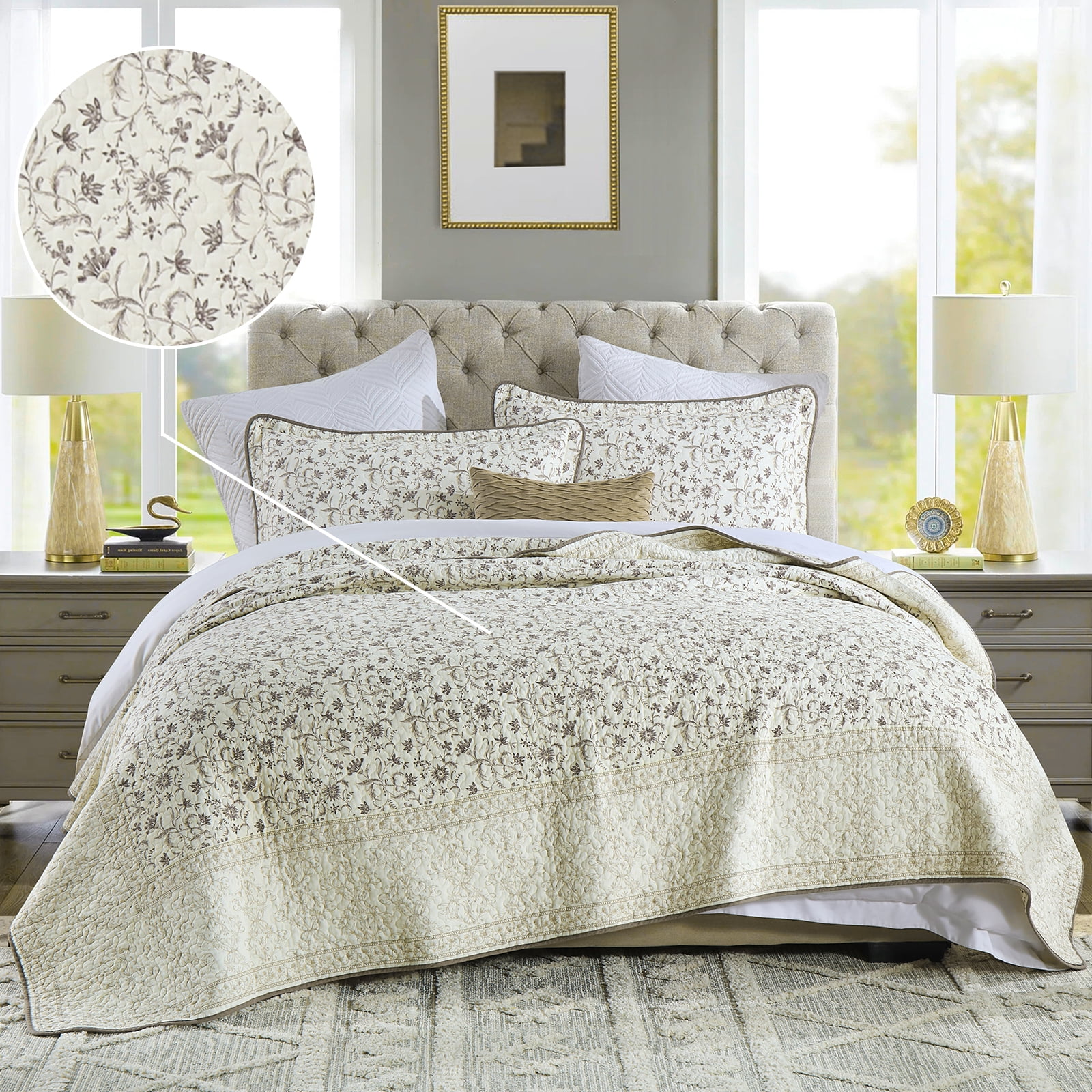 DDUOXIN Floral Beige Queen Size Quilts - 100% Cotton Queen Size Bedspread Quilt Set, Flower Quilted Bedspreads for Queen Bed, Lightweight Reversible Bedding Set for All-season, Purple/Beige Brown - Image 13