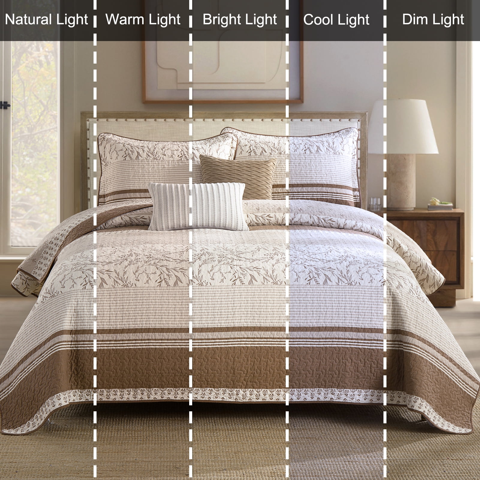 Bedduvit Striped Framhouse Queen Size Quilt - 100% Cotton Retro Rufous/Brown Queen Quilted Bedspread, Lightweight Botanical Floral Print Bedspreads, Summer Vintage Decor Coverlet for Queen Bed, 98x90 - Image 2