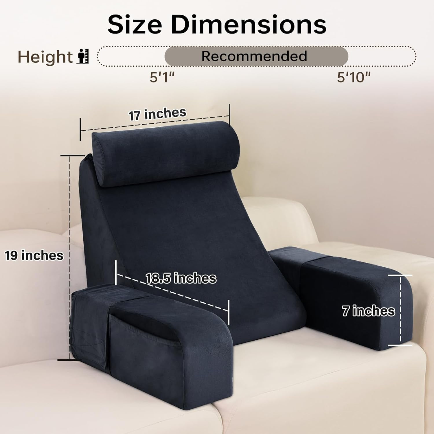 Back Pillow for Bed Sitting up, 19" Reading Pillow for Sitting in Bed Adult, Back Support Pillow with Arms for Watching TV/Reading/Gaming/Resting, Medium(Black) - Image 4