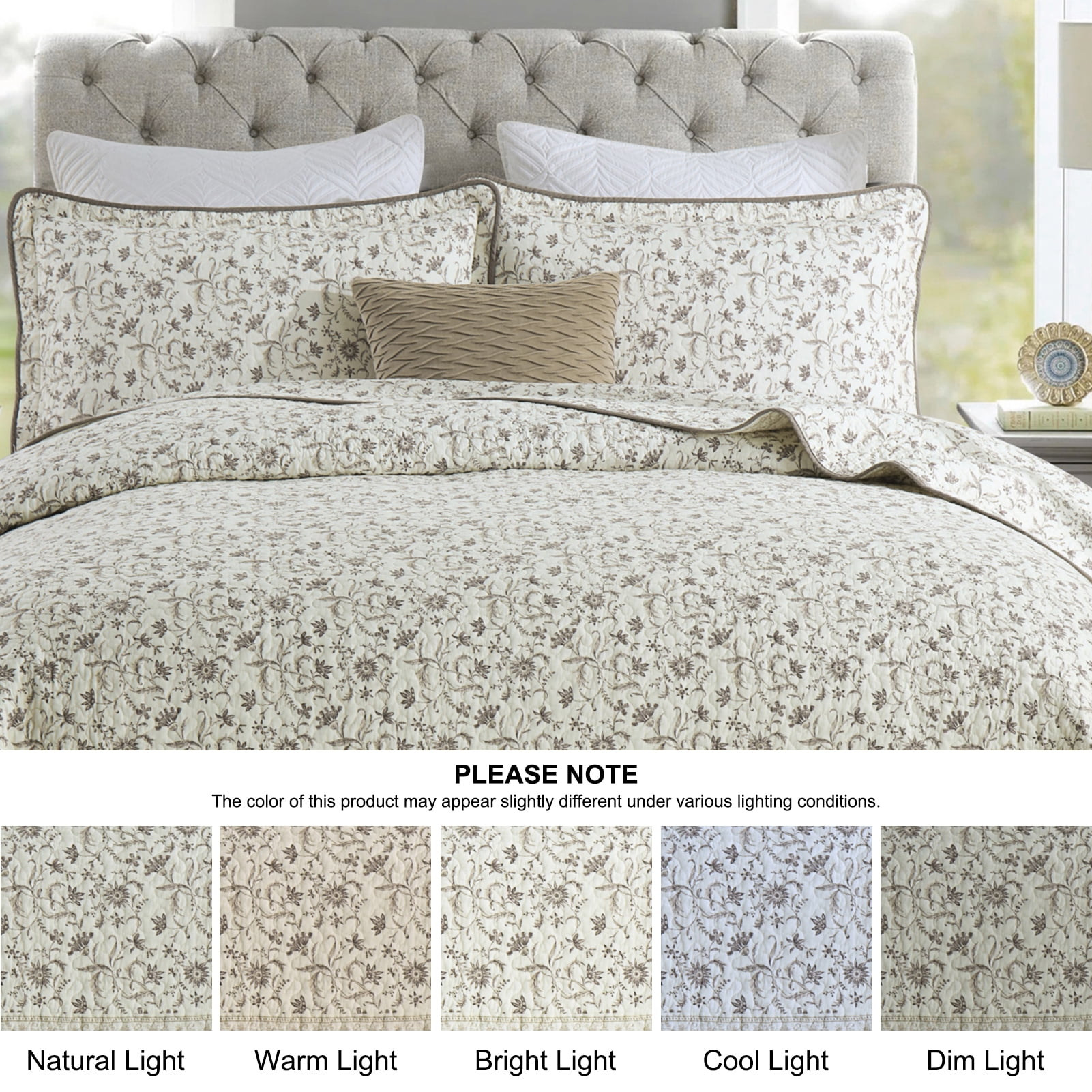 DDUOXIN Floral Beige Queen Size Quilts - 100% Cotton Queen Size Bedspread Quilt Set, Flower Quilted Bedspreads for Queen Bed, Lightweight Reversible Bedding Set for All-season, Purple/Beige Brown - Image 8