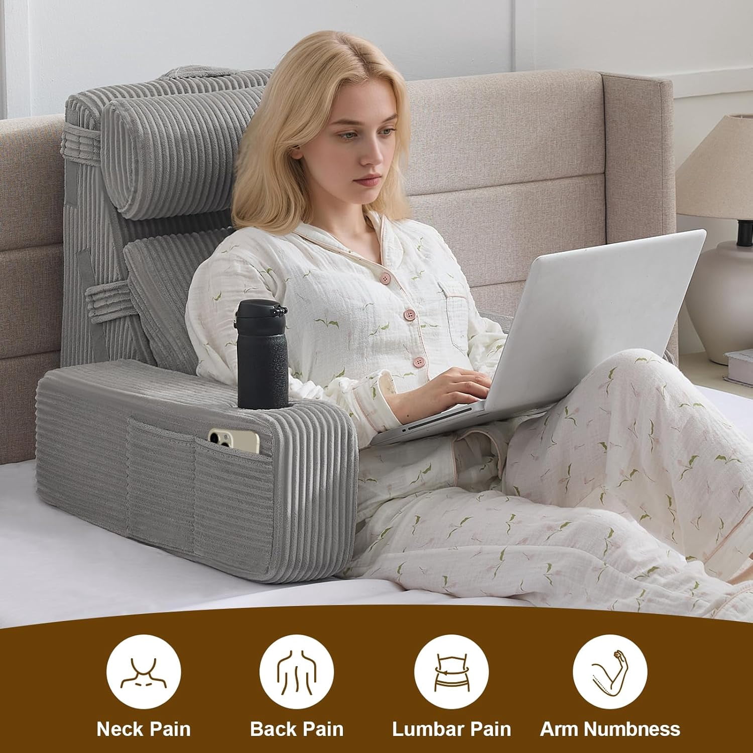 Reading Pillow for Sitting in Bed Adult, Back Pillow for Bed Sitting up with Arms, Pockets and Cup Holder, Sit Up Backrest Pillows for Beds Chair Support, Rest Pillow for Gaming - Image 13