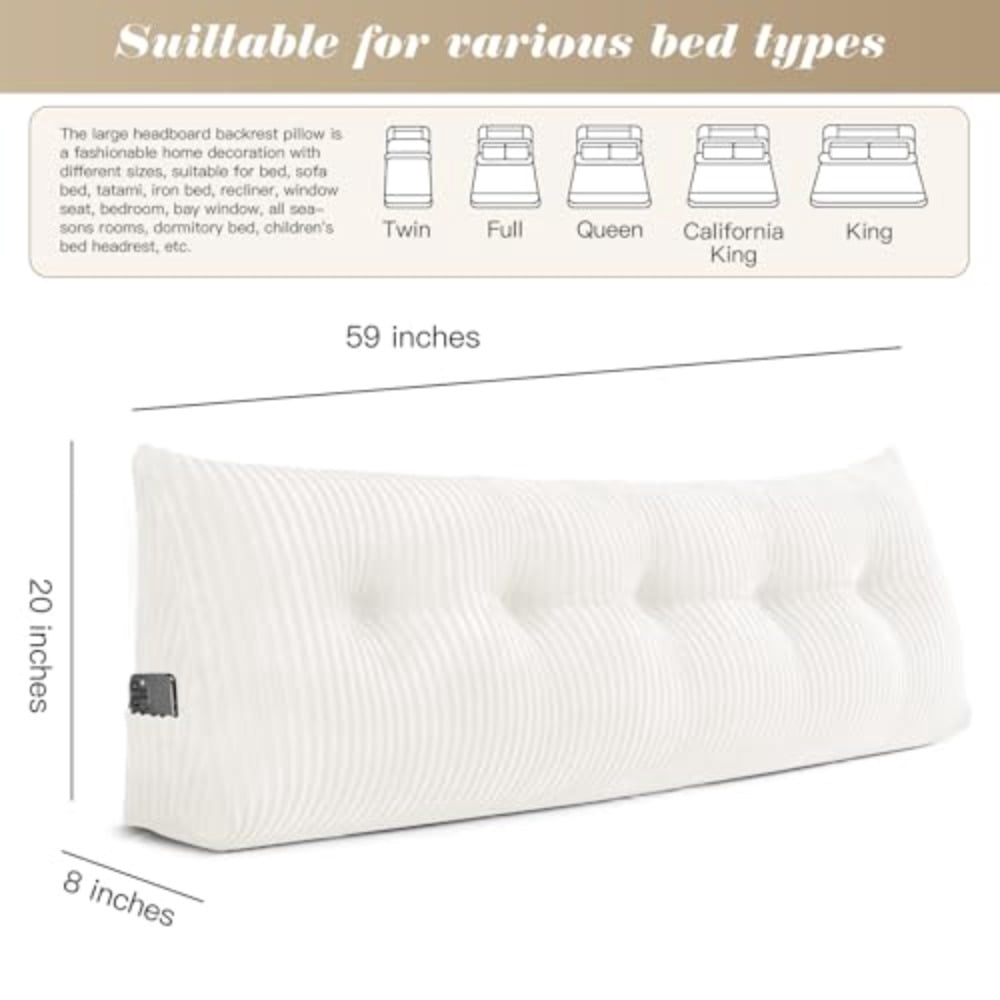 Large Triangular Headboard Wedge Bed Rest Reading Pillow Backrest Positioning Support Bolster Cushions with Removable Cover Light White Queen Size: 59x8x20 Inches - Image 3