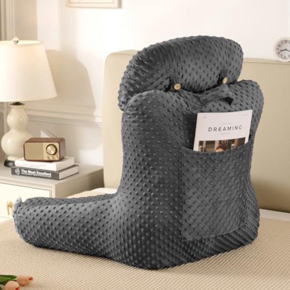 Reading Pillow for Sitting in Bed Couch Adult Back Pillow for Bed Sitting Up Back-Rest Support Cushion with Pockets and Arms Watching TV Relaxing Reading Dark Grey - Image 5